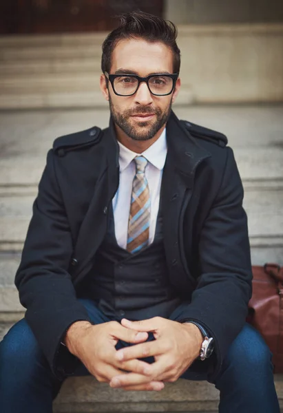 His Style Speaks Who Portrait Stylish Young Man Sitting Steps — Stock Photo, Image