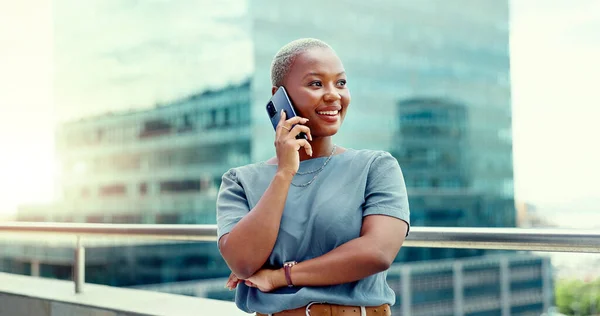 Black woman, business phone call and time management in city outdoor for communication. Entrepreneur person with urban buildings and motivation for networking, schedule and success deal conversation.