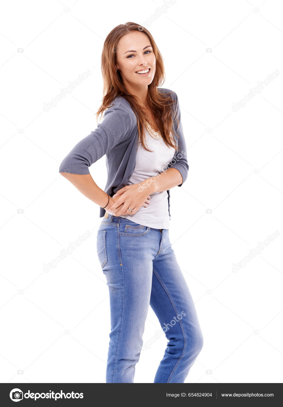 Mujer Sonrisa Retrato Alegría Con Ropa Moda Moderna Aislada Sobre