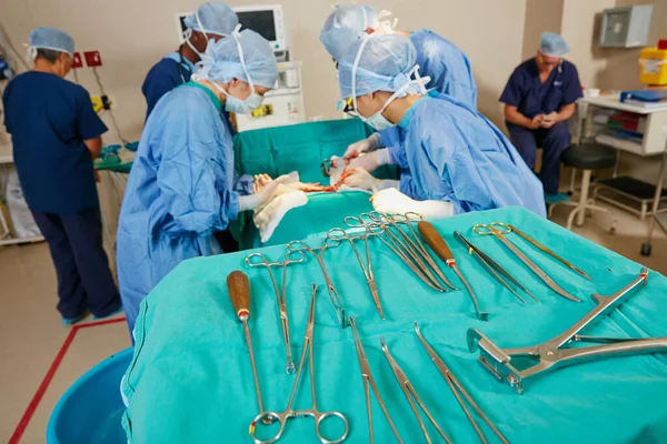 所有拯救生命所需的工具 在手术室里做手术的一组外科医生 — 图库照片