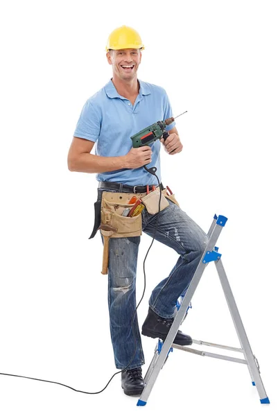 Homem Feliz Retrato Faz Tudo Com Ferramentas Elétricas Trabalhador Manutenção — Fotografia de Stock