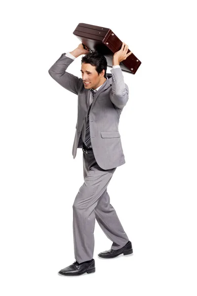 Isolated Businessman Throwing Briefcase Stress Bankrupt Finances Bad Credit Score — Stock Photo, Image