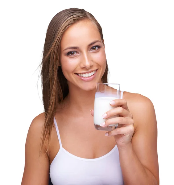 Portre Gülümseme Kadın Sütü Bardakta Veya Kadın Mankeni Organik Süt — Stok fotoğraf