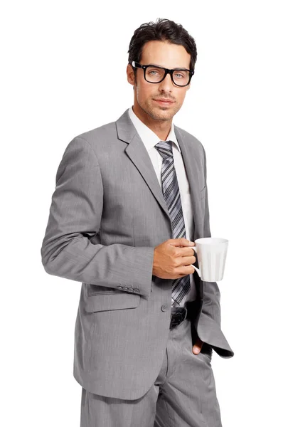 コーヒーブレイク マグカップを保持し Pngまたは透明な背景にビジネスマン フォーマル又はスマートなスーツを着た者 男性監査人又は会計士が熱い飲み物又はお茶を飲み続ける — ストック写真