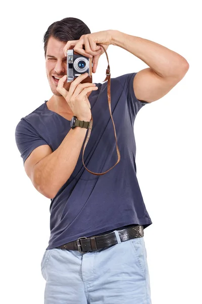Mężczyzna Retro Portret Kamery Młodego Fotografa Trzymającego Sprzęt Lub Kreatywnego — Zdjęcie stockowe
