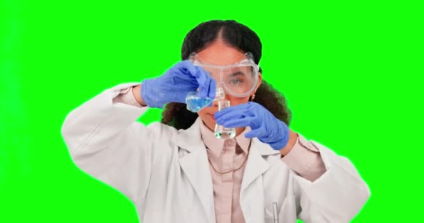 Science Goggles Woman Mixing Green Screen Background Studio Medical Research — Stock Video