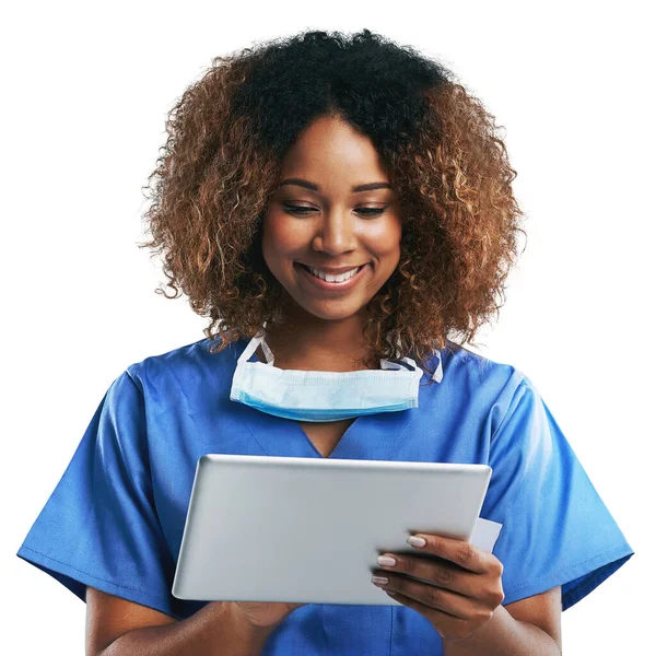 간호사 여자가 Png 태블릿을 가지고 결과를 기술적으로 투명하게 아프리카 종사자 — 스톡 사진