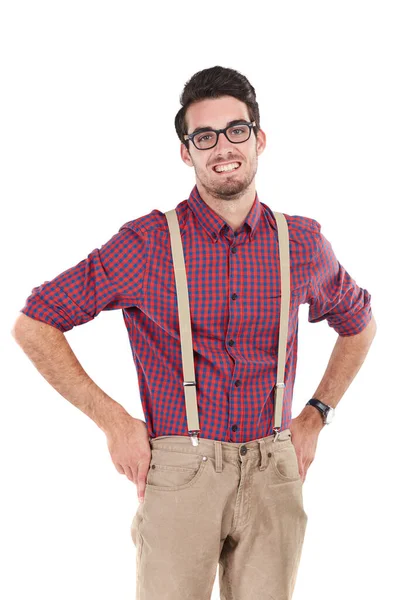 Glasögon Porträtt Lycklig Man Nörd Mode Och Hängslen Isolerade Transparent — Stockfoto