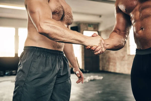Awesome Gym Partners Two Unrecognizable Men Greeting Each Other Handshake — Stock Photo, Image