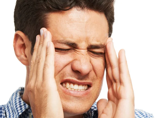 Migren Dayanılmaz Şiddetli Bir Baş Ağrısı Sonucu Başını Tutan Genç — Stok fotoğraf