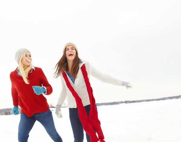 Κάνοντας Καλύτερο Της Ημέρας Χιονιού Δύο Φίλοι Τρέχουν Μέσα Στο — Φωτογραφία Αρχείου