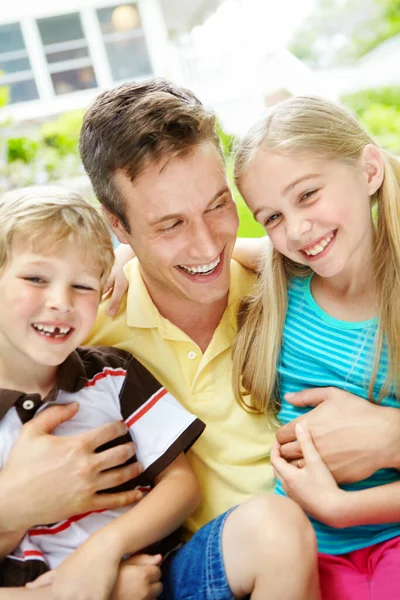 Dads Best Handsome Young Father Holding His Two Children Happy — Stock Photo, Image