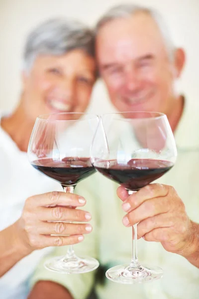 Lachend Volwassen Koppel Toasten Met Rode Wijn Portret Van Een — Stockfoto