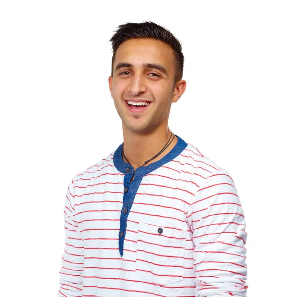 Случайно Уверенно Обрезанный Портрет Счастливого Молодого Человека Изолированного Белом — стоковое фото