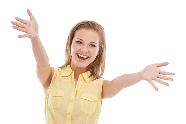 Pozitiflikle Dolu Heyecanlı Genç Bir Kız Beyaz Tenli Mutlu Görünüyor — Stok fotoğraf