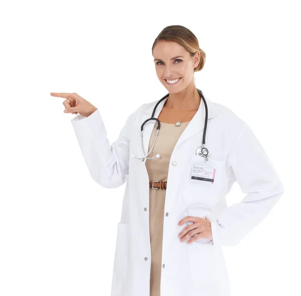 Recommend Happy Doctor Gesturing Side Copyspace — Stock Photo, Image