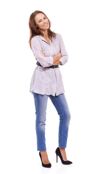 Casual Confident Casually Dressed Woman Looking Relaxed While Isolated White — Stock Photo, Image