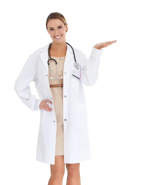 Presenting You Her Medical Endorsement Happy Doctor Gesturing Side Copyspace — Stock Photo, Image