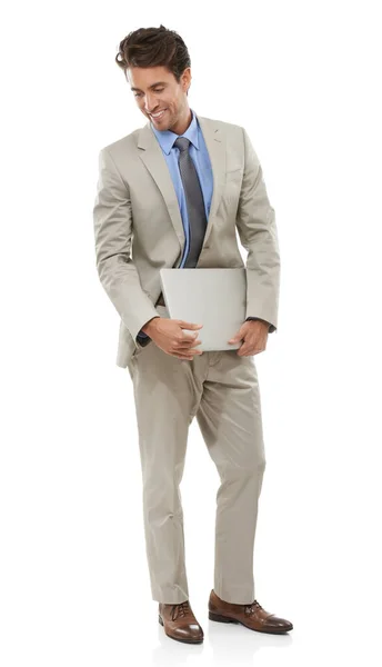 Total Loss Studio Shot Young Businessman Holding Laptop Isolated White — Stock Photo, Image