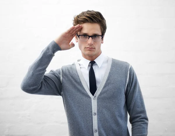 Salute Your Technical Knowledge Handsome Young Nerd Saluting You — Stock Photo, Image