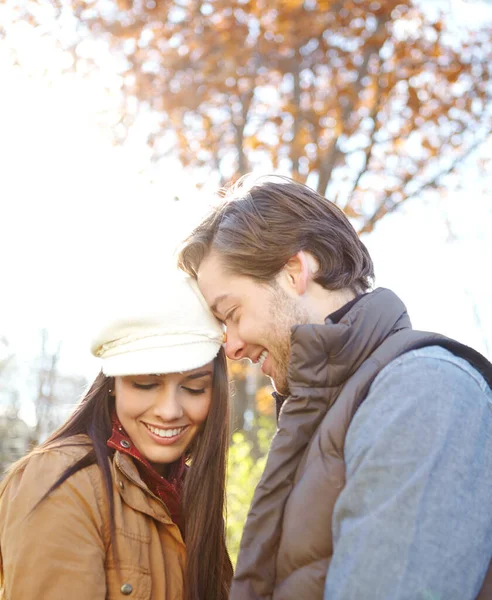 Whispering Sweet Nothings Loving Young Couple Standing Together Outdoors Woods — Stock Photo, Image
