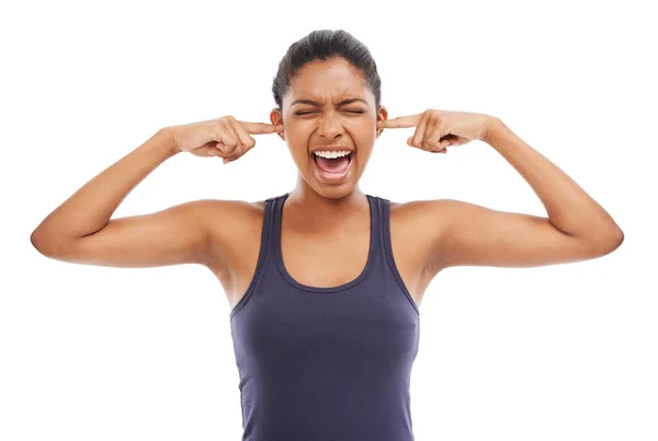 Too Much Noise Frustrated Young Woman Blocking Her Ears While — Stock Photo, Image