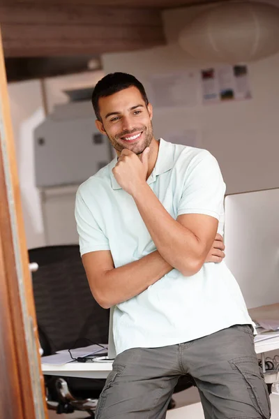 Proud Achievements Casual Young Man Looking His Tablet Smiling — Stock Photo, Image