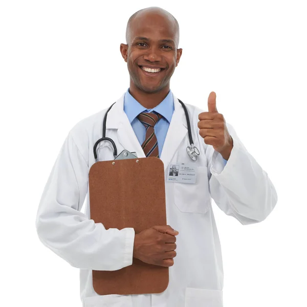Kciuki Doskonałej Opieki Zdrowotnej Młody Lekarz Trzymający Notatnik Jednej Ręce — Zdjęcie stockowe