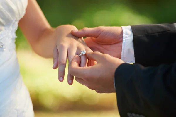 Gros Plan Mariage Mains Avec Une Bague Cérémonie Amour Engagement — Photo