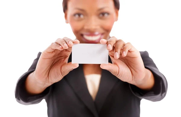 Proud New Business Card Portrait Corporate Ethnic Woman Holding Blank — Stock Photo, Image
