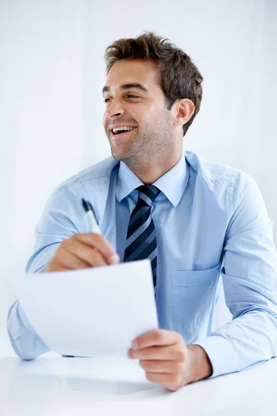 Careless Contact Laughing Businessman Sitting His Desk Writing Piece Paper — Stock Photo, Image