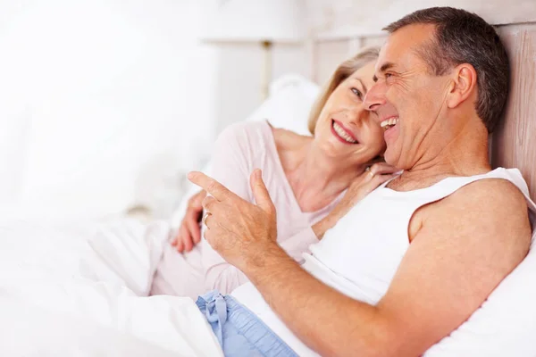 Happy Family Cheerful Mature Man Wife Lying Bed Happy Family — Stock Photo, Image