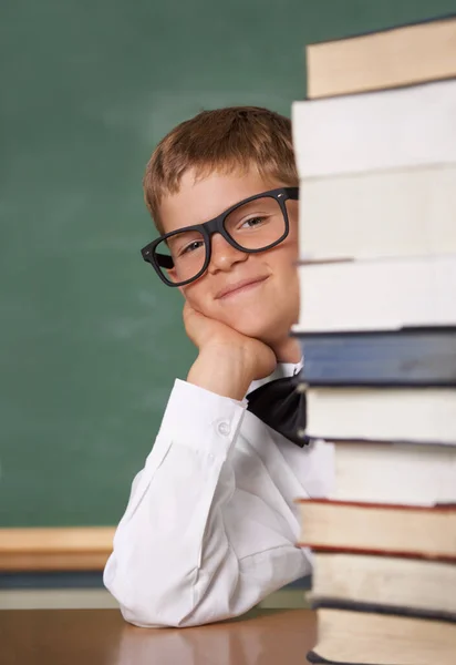 Exams Problem Young Boy Wearing Glasses Bow Tie Smiling Camera — Stock Photo, Image