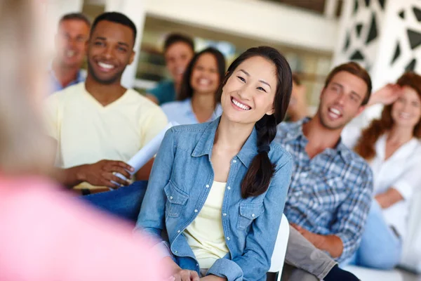 Shes Good Listener Coworkers Watching Presentation Casual Office Environment — Stock Photo, Image