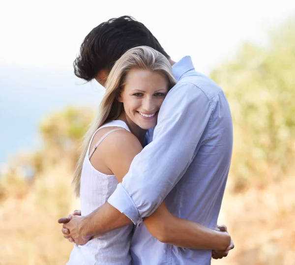 Safe His Arms Side View Loving Young Couple Embracing Intimately — Stock Photo, Image