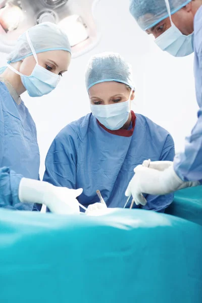 手順を導く 手術で患者を手術するために医療用の軍医やはさみを使う女性や男性の外科医 — ストック写真