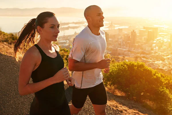 Sunrise Training Running Couple Workout Morning Exercise Health Wellness Together — Stock Photo, Image