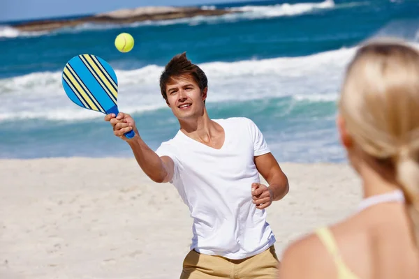 Keeping His Eye Ball Happy Young Couple Enjoying Game Paddle — Stock Photo, Image