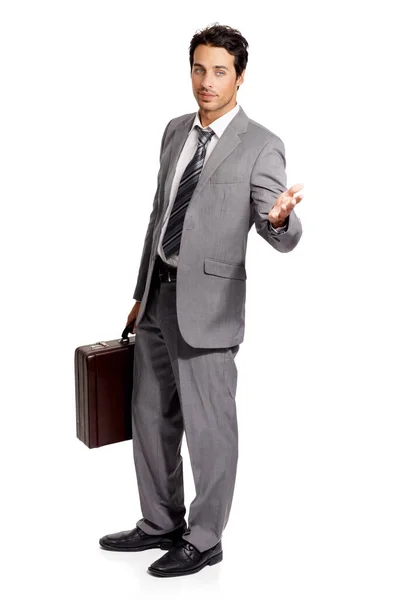 You Agree Full Length Young Executive Carrying His Briefcase Gesturing — Stock Photo, Image