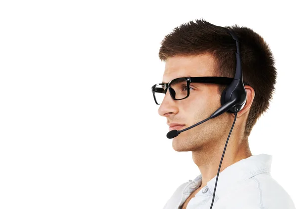 Hes Good Listener Profile Serious Man Hipster Glasses Headset — Stock Photo, Image