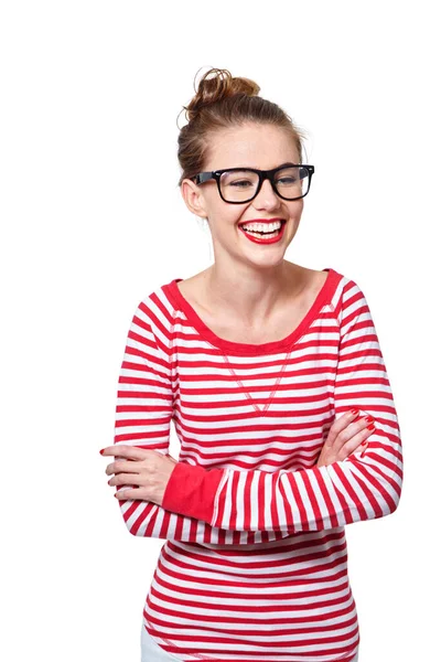 Śmiej Się Jakbyś Chciał Studio Portret Atrakcyjnej Młodej Kobiety Okularach — Zdjęcie stockowe