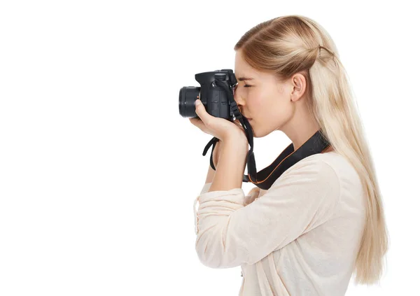 Congela Momento Uma Bela Jovem Fotógrafa Com Sua Câmera Contra — Fotografia de Stock