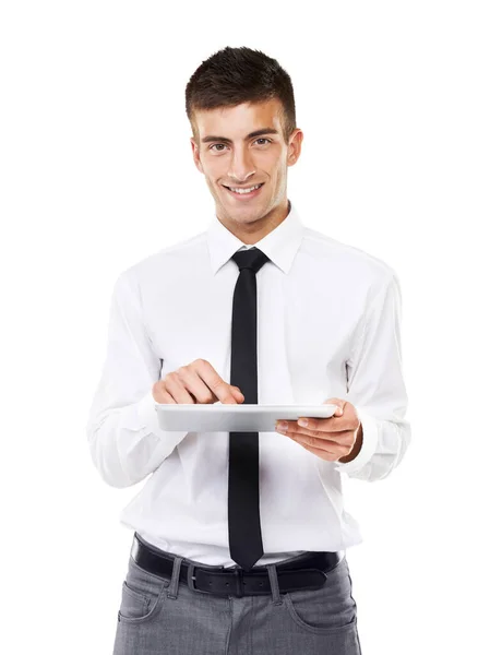 Have Everything Need Fingertips Portrait Smiling Man Holding His Touchscreen — Stock Photo, Image