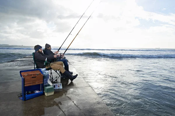 Fishing Its Shopping Guys Two Young Men Fishing Pier — Stock Photo, Image