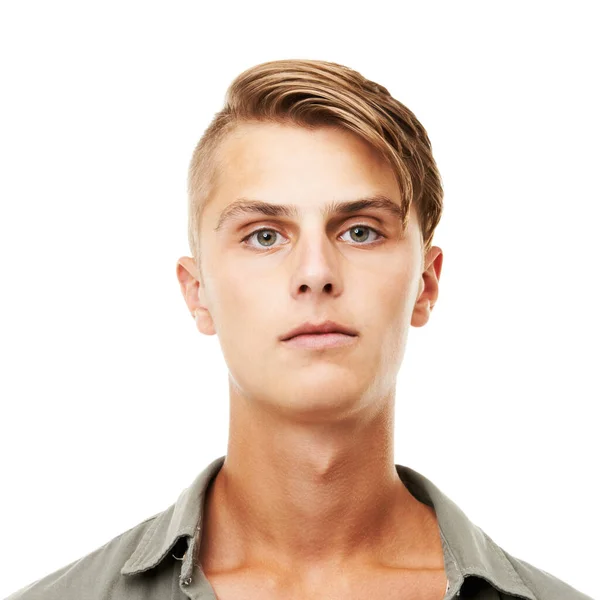Oläsligt Uttryck Studio Headshot Seriös Ung Man Isolerad Vit — Stockfoto