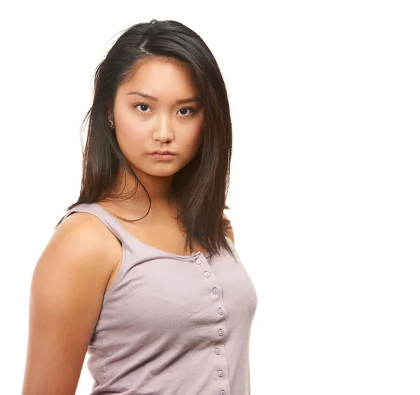 Hon Packar Massor Självförtroende Ung Asiatisk Kvinna Isolerad Vitt — Stockfoto