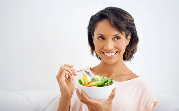 Fruity Thinking Young Woman Enjoying Salad Home — Stock Photo, Image