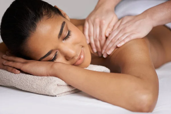 Woman Eyes Closed Hands Back Massage Hotel Relax Zen Resting — Stock Photo, Image