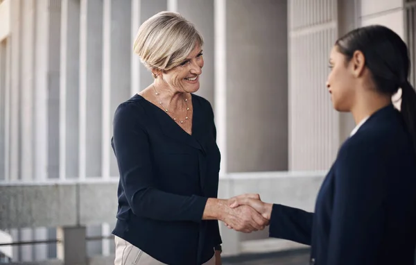 Zusammenkommen Zum Wohle Der Wirtschaft Zwei Geschäftsfrauen Beim Händeschütteln Vor — Stockfoto