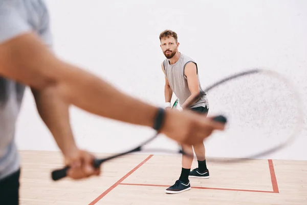 Hazır Mısın Ortak Squash Oynarken Raketle Top Servis Eden Bir — Stok fotoğraf